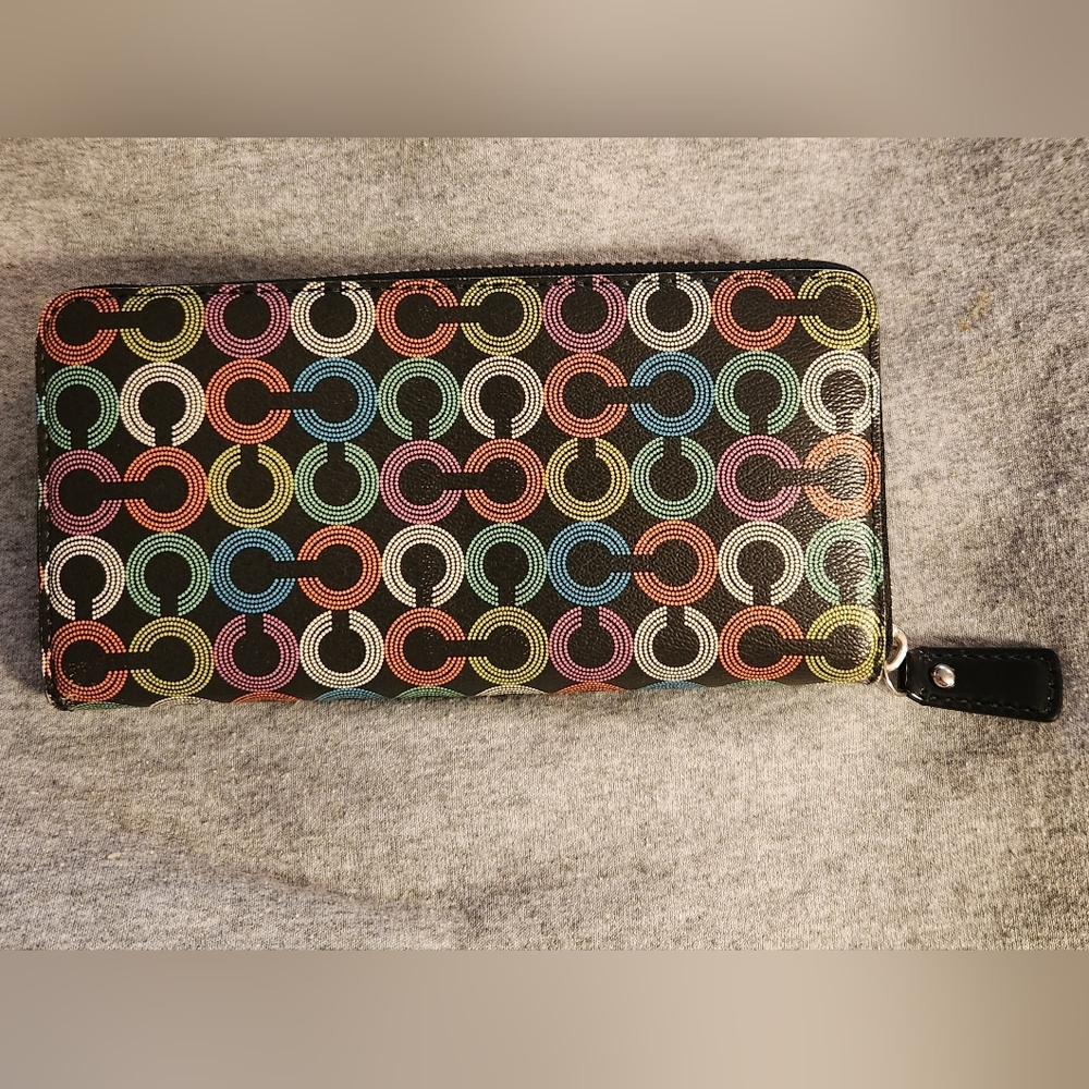 Coach Waverly Black Continental Zip Wallet with Multicolor Signature Rings - Picture 2 of 14